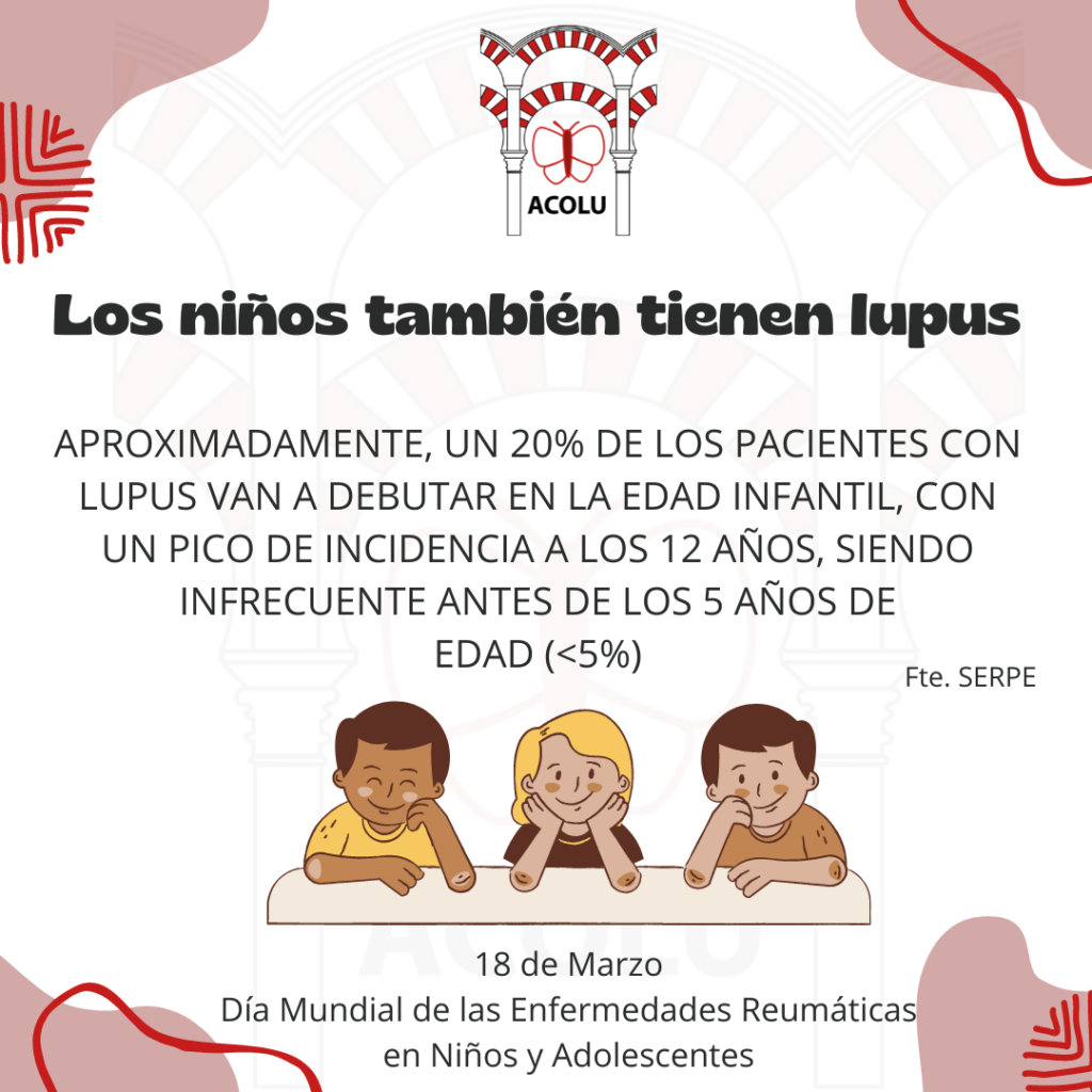 Imagen con un dibujo de tres niños y el texto "Los niños también tienen lupus". 

Aproximadamente, un 20% de los pacientes con lupus van a debutar en la edad infantil, con un pico de incidencia a los 12 años.